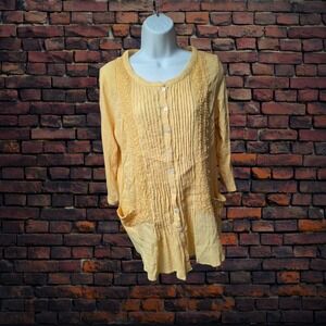 LOGO by Lavish Yellow Cotton Tunic Top Small Women Button Front Lace Detail